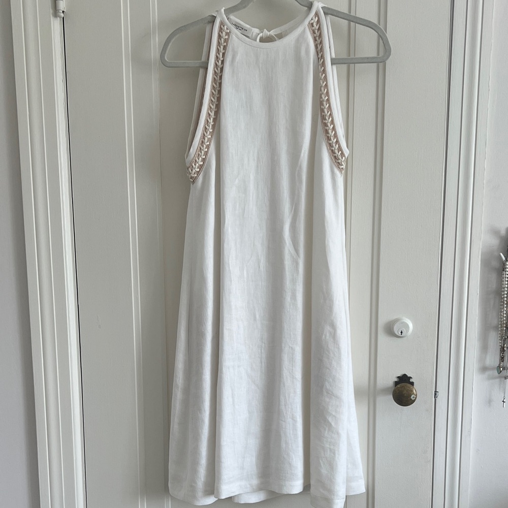Lafayette 148 White Sleeveless Dress with Braided Trim